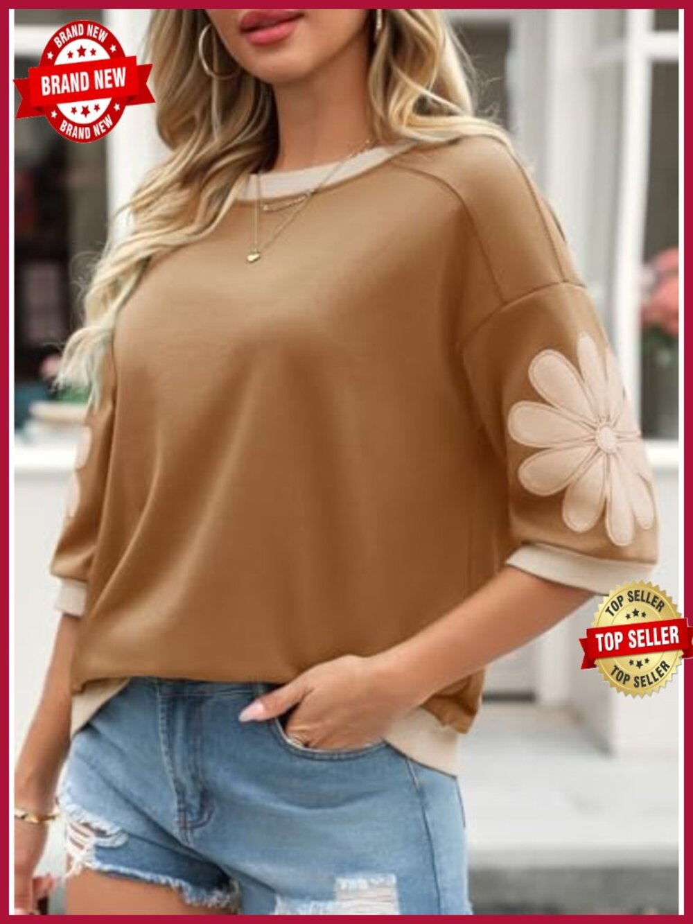 Womens 3/4 Sleeve Floral Patch Sweatshirt Oversized Pullover Top - Picture 5 of 6